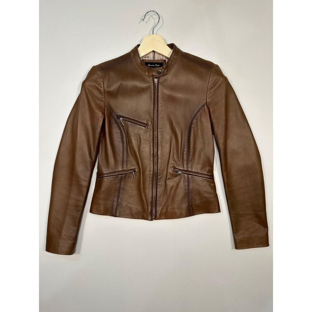 Massimo Dutti Genuine Leather Fitted Motorcycle Jacket Zip Front Caramel Brown